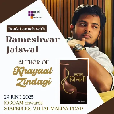 The official event poster for the book launch of "Khayaal Zindagi" by Rameshwar Jaiswal, featuring all key details in a clean, professional design.