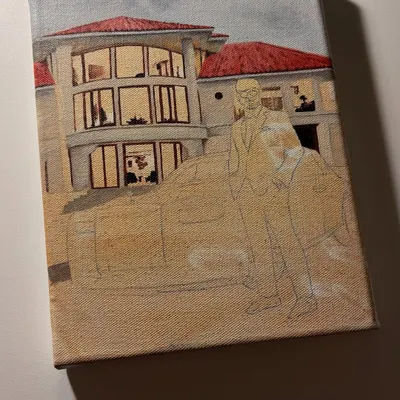The very first stage of a commission piece. This is the initial pencil sketch on a toned canvas, mapping out the composition of the man, the car, and the house.