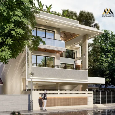 A perspective view of a modern bungalow designed for a joint family in Greater Noida. The architecture features clean geometric forms, a rooftop garden, and an interplay of levels to create a simple yet grand residence.