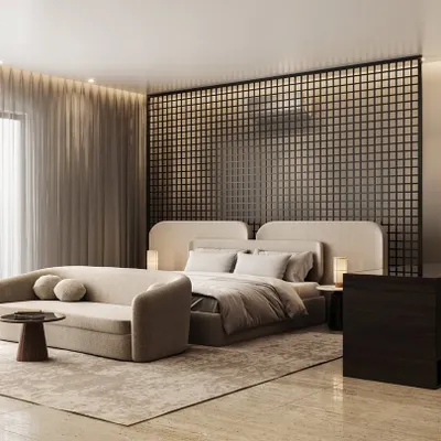 A master bedroom visualization featuring a unique black lattice screen as a headboard feature. The render explores a neutral color palette with a focus on texture and soft, diffused lighting from the large window.