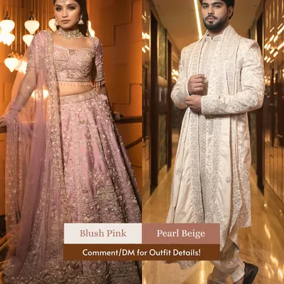 A dreamy combination of blush pink and pearl beige. This couple's look is perfect for a sangeet or reception, offering a soft and romantic vibe.