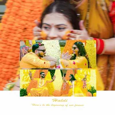 A vibrant photo collage from a Haldi ceremony, capturing the couple's playful interactions. The images are full of color, from the yellow outfits to the floral decor, reflecting the joyous spirit of the event.