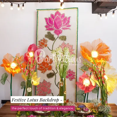 This festive lotus backdrop is where tradition meets elegance. I designed this piece with intricate sequin work to create a perfect touch of sparkle and cultural richness for your most important celebrations.