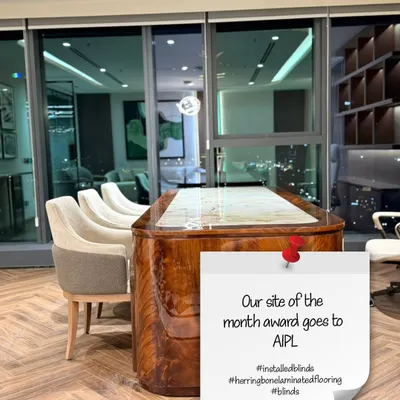 Our site of the month award goes to this project at AIPL. We installed beautiful herringbone laminated flooring and functional blinds, creating a sophisticated and professional environment. This showcases our ability to handle commercial projects that require a high-end finish.