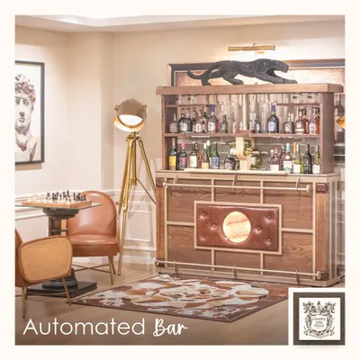 This is the Matryoshka, my latest automated bar design. It combines rich wood, leather paneling, and an illuminated onyx feature to create a truly luxurious and state-of-the-art home bar experience.