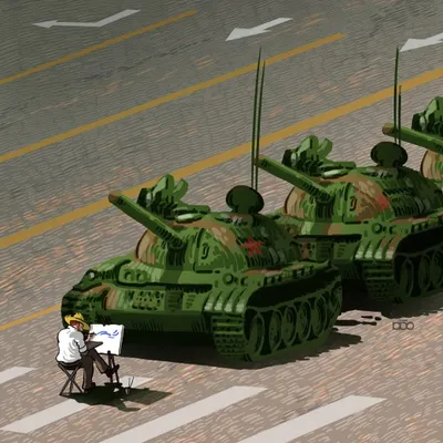 A silent act of courage. In this piece, I reimagine the iconic "Tank Man" of Tiananmen Square as an artist, sitting with his easel and painting in the face of overwhelming force. It’s a tribute to the quiet, creative resistance that echoes through history.