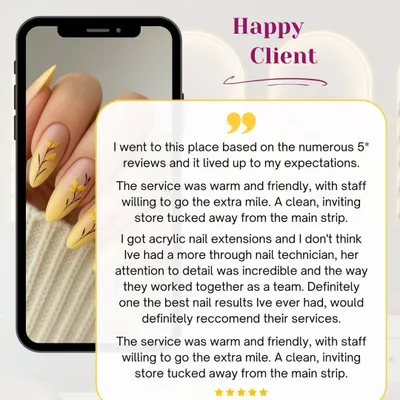 I am so grateful for 5-star reviews like this one from Donna. I'm thrilled she loved her acrylic nail extensions and appreciated my team's attention to detail and warm service.