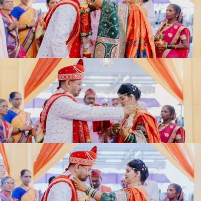 A collage showing the key moments of the varmala or garland exchange ceremony, a beautiful and symbolic ritual in Indian weddings.