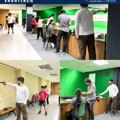 A collage showcasing the vibrant atmosphere of our Summer Shooting Camp. From individual coaching to group drills, the camp is a comprehensive introduction to the world of competitive shooting for young enthusiasts.