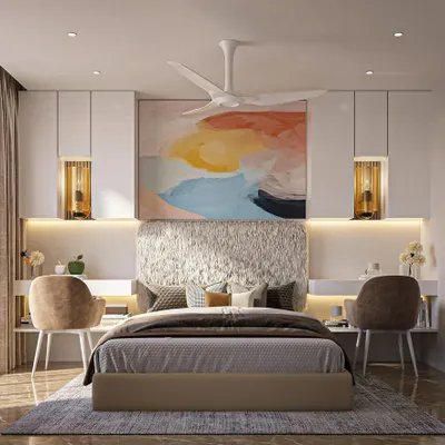 A luxurious and bright bedroom design. The space is centered around a large, colorful abstract painting, with a textured headboard and elegant study nooks on either side, creating a perfect blend of art and function.