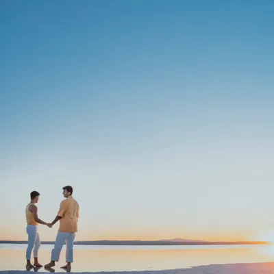 A serene, minimalist shot of a couple holding hands against a vast, clear blue sky on a Turkish beach. The simplicity of the composition emphasizes their connection and the peacefulness of the moment.