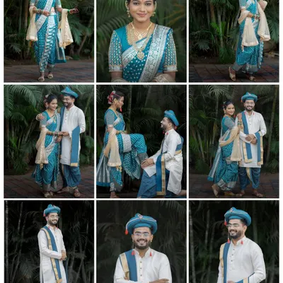 A beautiful collage showcasing a couple in traditional blue Maharashtrian wedding attire, capturing individual portraits and their joyful interactions.