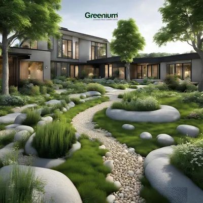 A concept drawing for a dream farmhouse landscape. This design blends modern architecture with natural elements, featuring lush greenery, open spaces, and a seamless connection with the outdoors.