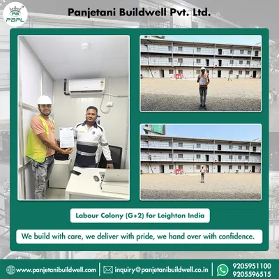 We build with care and deliver with pride. This collage shows the successful handover of the G+2 Labour Colony for Leighton India, from the final structure to our team formalizing the project completion.