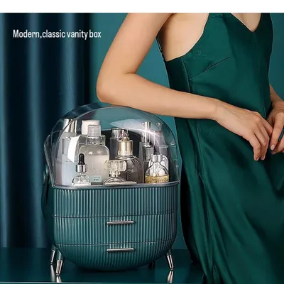 My modern vanity box is shown here in a sophisticated dark green. It’s a classic piece that keeps all your products protected and organized.