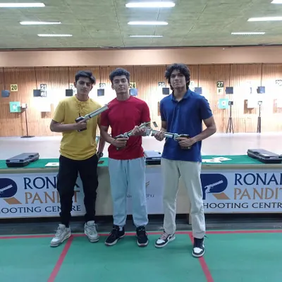 Three new shooters at our Pune center after their introductory course. We focus on teaching the correct stance, grip, and aiming techniques from day one to build a strong foundation for future success.