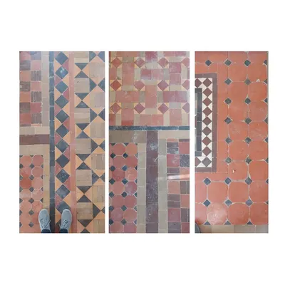 A triptych showcasing the variety of geometric tile patterns found throughout the property. Documenting these designs is a key part of our architectural conservation work, ensuring the legacy of Indian craftsmanship is preserved.