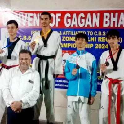 Ansh Sharma stands proudly on the podium after winning the Gold medal at the CBSE Central Zone Taekwondo Championship 2024. This victory secured his spot in the CBSE Nationals.