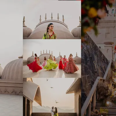 A collage from a vibrant Jaipur wedding. This shows a range of moments, from the bride's solo portrait and the energy of the bridesmaids to a romantic couple shot at sunset, capturing the full story of the day.