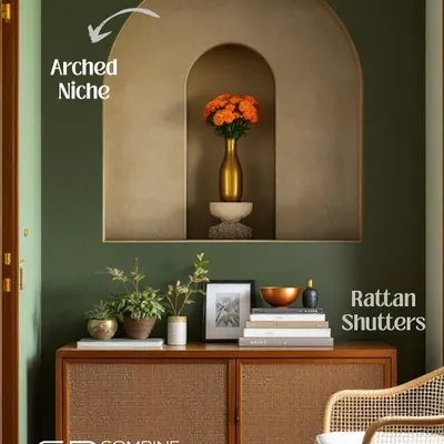 The blend of rattan shutters and soft arches is a beautiful statement in this entryway. The arched niche creates a perfect spot for a decorative vase, adding a touch of elegance.