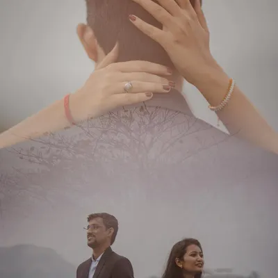A creative double exposure portrait. This technique blends an intimate close-up with a wider landscape shot, telling two parts of their story in a single, artistic image.