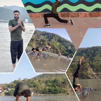 A collage of my personal practice, from advanced asanas like Bakasana (Crow Pose) and Sirsasana (Headstand) by the Ganga to moments of quiet reflection. Steady effort is the very heart of the yoga journey.