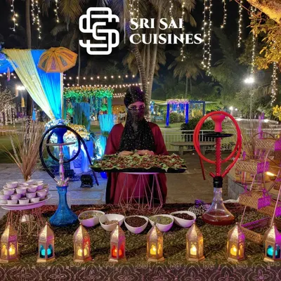 A full view of my luxurious Arabian Paan Station at an outdoor wedding venue. The combination of ambient lighting, themed decor, and professional service creates an unforgettable experience.