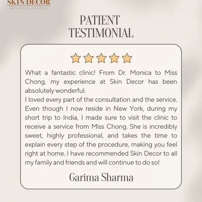 I am so grateful for clients like Garima, who trust us with their skin even when they live miles away in New York. It is my goal to make everyone feel comfortable and well-informed about their treatment, and this feedback means the world to my team and me.