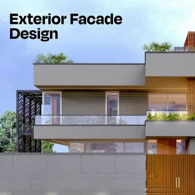 A close-up of a modern exterior facade design, showcasing the balance between solid gray walls, warm wood accents, and glass railings. The integrated greenery on the upper level adds a touch of nature to the clean, geometric structure.