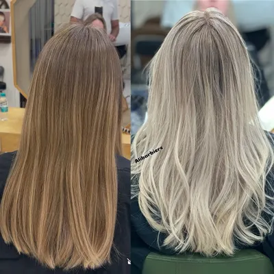 A perfect side-by-side showing the journey from a warm, darker blonde to a pure, clean, and cool-toned blonde. No shortcuts, just pure results.