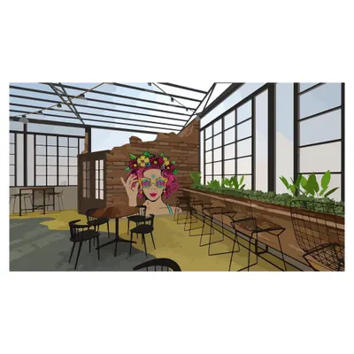 A conceptual render for an upcoming restobar, featuring exposed brick, large industrial-style windows, and a pop of street art. The design aims to create a trendy, inviting atmosphere with plenty of natural light and greenery.