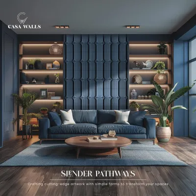 This living space captures our complete vision, where a custom deep blue sofa and our signature "Slender Pathways" wall panels create a cohesive and sophisticated atmosphere. The integrated backlighting and open shelving highlight how our furniture and wall art work together to define a room.