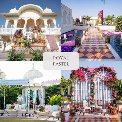 A collage of "Royal Pastel" decor, showcasing our ability to create elegant, soft-hued themes in grand settings, perfect for daytime ceremonies and brunches.