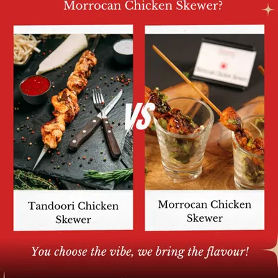 Tandoori or Moroccan? You choose the vibe, we bring the flavour. This image showcases two of our popular chicken skewer options, representing our diverse Indian and Mediterranean offerings.