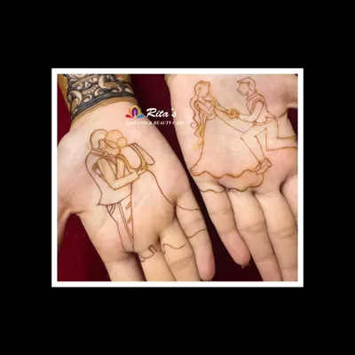 A unique engagement henna design telling the couple's story. This shows how you can personalize henna to make a client's day truly special, a technique I cover in my advanced course.