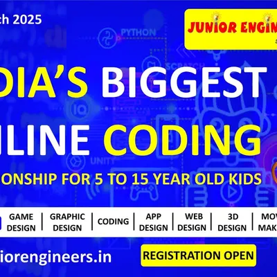 A promotional banner for "India's Biggest Online Coding Championship," an event we host for kids aged 5 to 15. It highlights the various competition categories, including game design, app design, and web design.