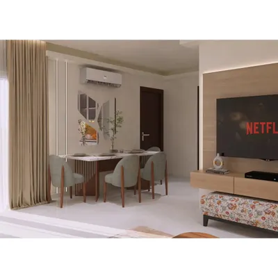 A complete view of a compact dining area adjacent to the living room. The four-seater marble-top table and comfortable upholstered chairs create a perfect spot for daily meals.