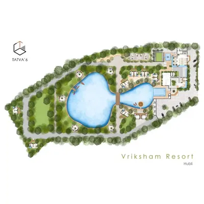 The complete site plan for the Vriksham Resort, a 10-acre project in Hubli. Our master planning process defines the layout and flow of the entire property, from arrival to recreation, ensuring every component works in harmony.