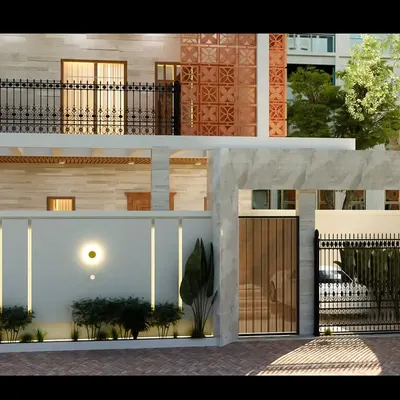 A 3D render of a modern home's exterior, focusing on the entrance gate and boundary wall. The design incorporates mood lighting, greenery, and a mix of materials for a welcoming first impression.