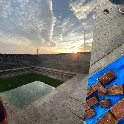 Recent atmospheres, past and present. A collage pairing the ancient stone of a stepwell at sunset with modern, handcrafted wooden boxes from a street market.