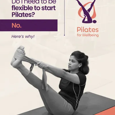 A common question I hear is, "Do I need to be flexible to start Pilates?" The answer is no. This image shows a student using a strap to assist with a stretch, demonstrating that we meet you where you are.