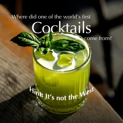 We start our Indian cocktail story with a provocative question. This image of a vibrant green cocktail teases the surprising Eastern origins of one of the world's oldest mixed drinks.
