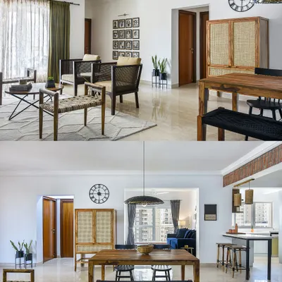 A collage showcasing the 'Earthy Urban' project, where warm neutrals, natural wood, and woven textures come together in the living and dining areas to create a cohesive and calming environment.