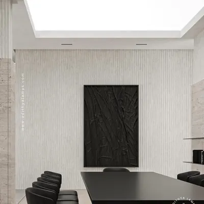 A large stretch fabric light is installed in the ceiling of this minimalist conference room. It provides bright, even illumination that is ideal for a professional setting, eliminating shadows and creating a clean, open feel.