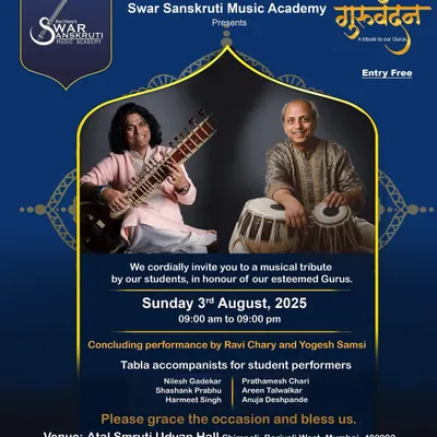 The official invitation to Guruvandan 2025, featuring a concluding performance by myself and the legendary Pandit Yogesh Samsi. This event is a tribute to our Gurus and a platform for my students to shine.