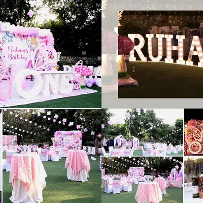 A collage showcasing the incredible decor from an outdoor first birthday party. We capture all the details, from the main stage to the table settings and custom signs.