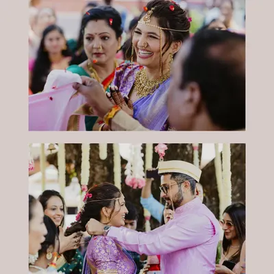A collage of a Maharashtrian wedding ceremony, capturing the emotional moment of 'antarpat' and the groom tying the mangalsutra.