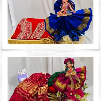We love bringing traditional elegance to life with our trousseau and festive packing. Here, we've artfully draped a beautiful saree to create a doll-like figure, turning a gift of clothing into a stunning piece of art for a Teej celebration.
