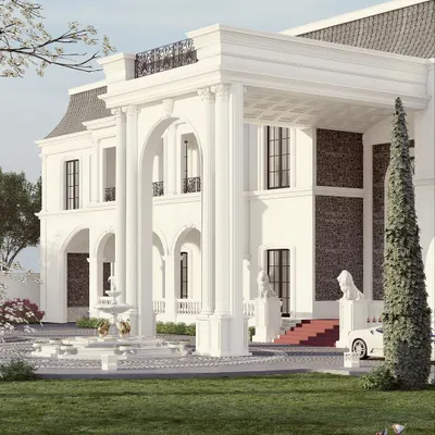 This view of our neoclassical palatial home showcases the grand entrance portico, supported by stately columns. The design features a water fountain and a ceremonial red carpet step, creating an arrival experience that is both majestic and welcoming, fitting for a modern royal residence.