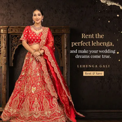 This is the quintessential red bridal lehenga, designed to make your wedding dreams come true. Richly embroidered from top to bottom, it captures the essence of Indian bridal tradition. Renting this piece ensures you get a royal look that is both stunning and smart.